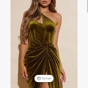 Brand New Elegant Olive Green Velvet One-Shoulder Dress
